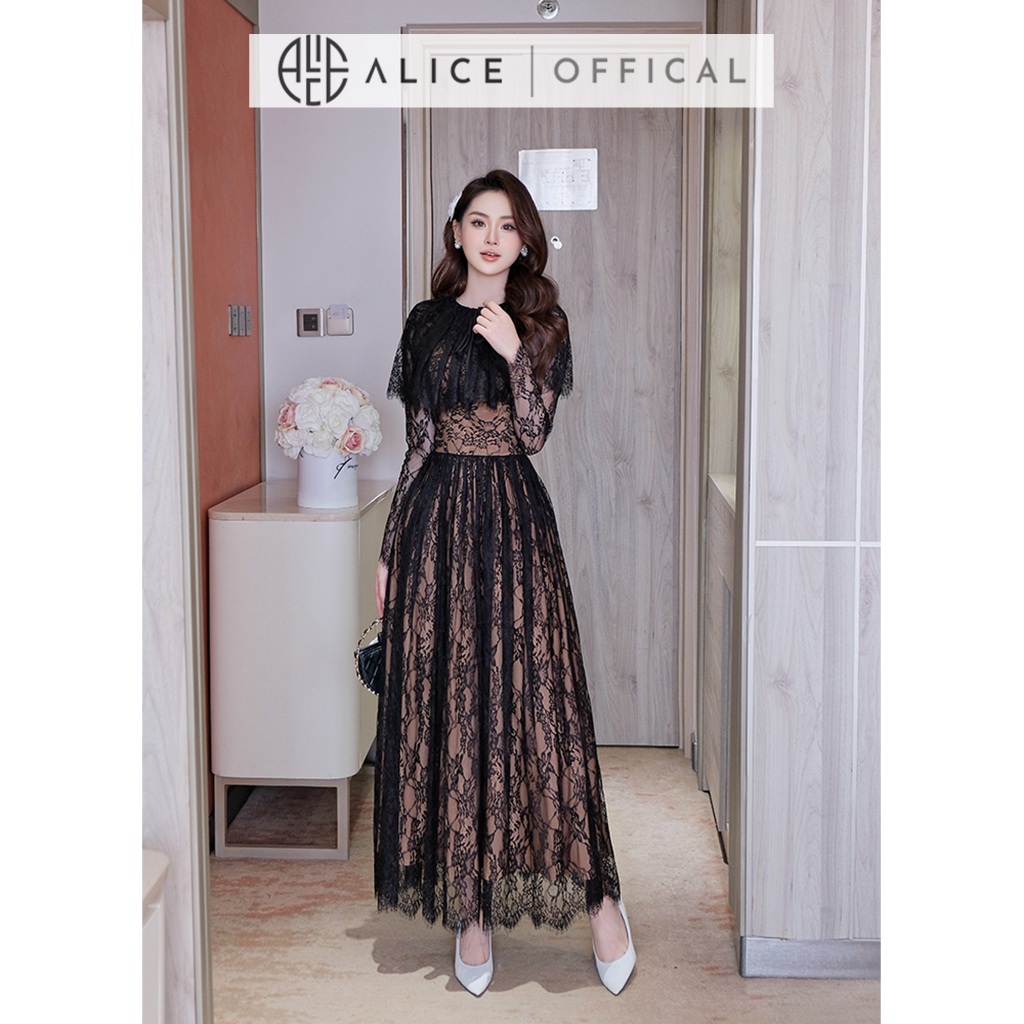 Váy Nữ Maxi Alice Chất Ren Cao Cấp, Đầm Dài Ôm Eo Dáng Xòe Kèm Cổ Choàng Liền Váy Phù Hợp Đi Tiệc V1431