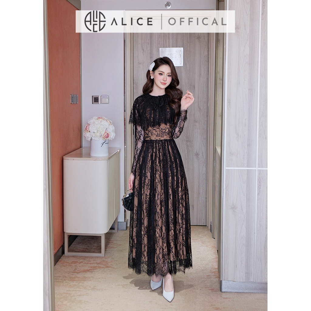 Váy Nữ Maxi Alice Chất Ren Cao Cấp, Đầm Dài Ôm Eo Dáng Xòe Kèm Cổ Choàng Liền Váy Phù Hợp Đi Tiệc V1431