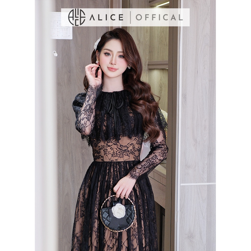 Váy Nữ Maxi Alice Chất Ren Cao Cấp, Đầm Dài Ôm Eo Dáng Xòe Kèm Cổ Choàng Liền Váy Phù Hợp Đi Tiệc V1431