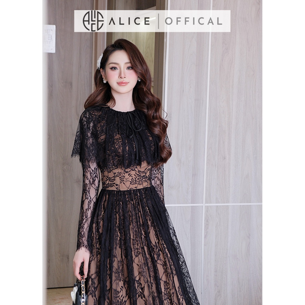 Váy Nữ Maxi Alice Chất Ren Cao Cấp, Đầm Dài Ôm Eo Dáng Xòe Kèm Cổ Choàng Liền Váy Phù Hợp Đi Tiệc V1431