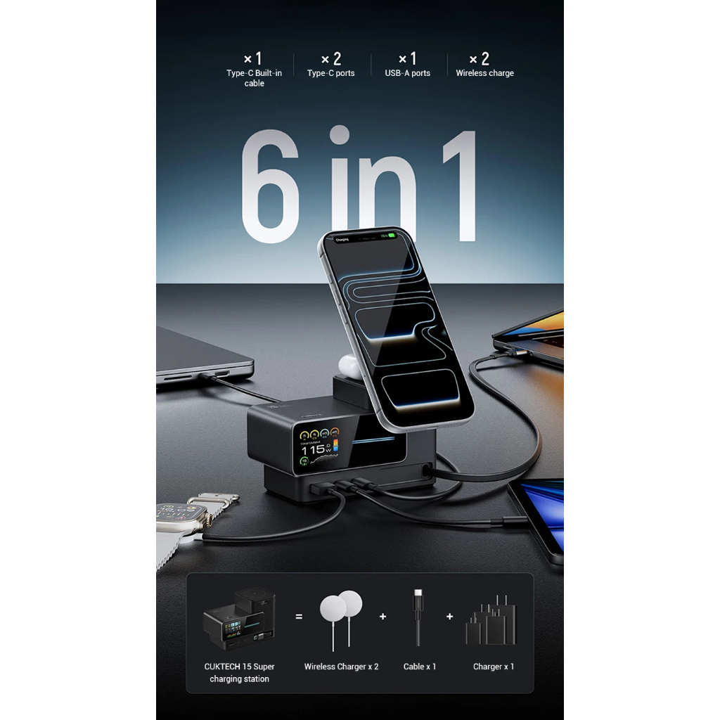 Trạm sạc CUKTECH 15 Charging Station Ultra GaN 140W thiết kế hiện đại