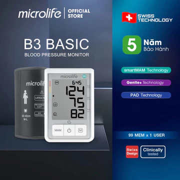 Máy Đo Huyết Áp Bắp Tay Microlife B3 Basic | Công Nghệ Đo 2 Lần Kép,Cảnh Báo Nhịp Tim Bất Thường