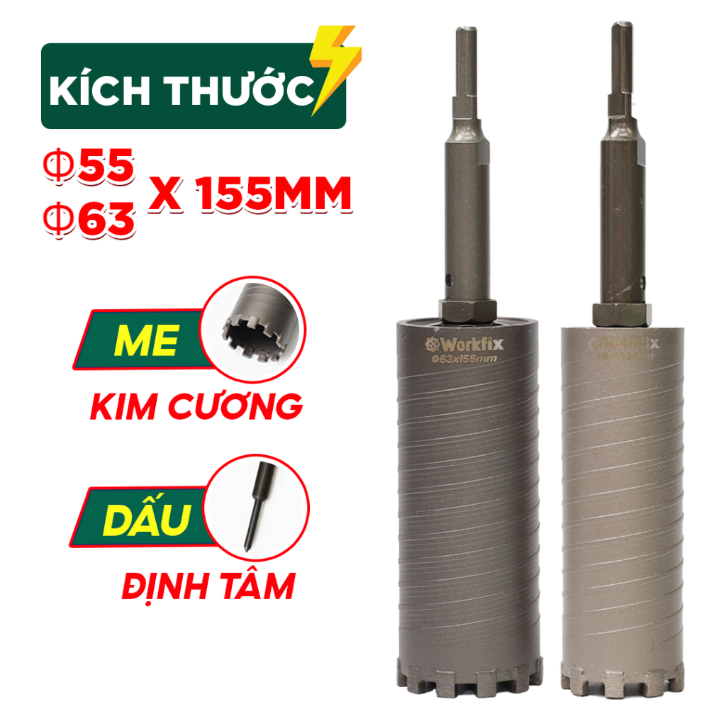 [CHÍNH HÃNG] Mũi Khoan Rút Lõi Máy Khoan Phi 55/ 63mm , Khoan Tường, Bê Tông Siêu Nhanh, Có Định Tâm