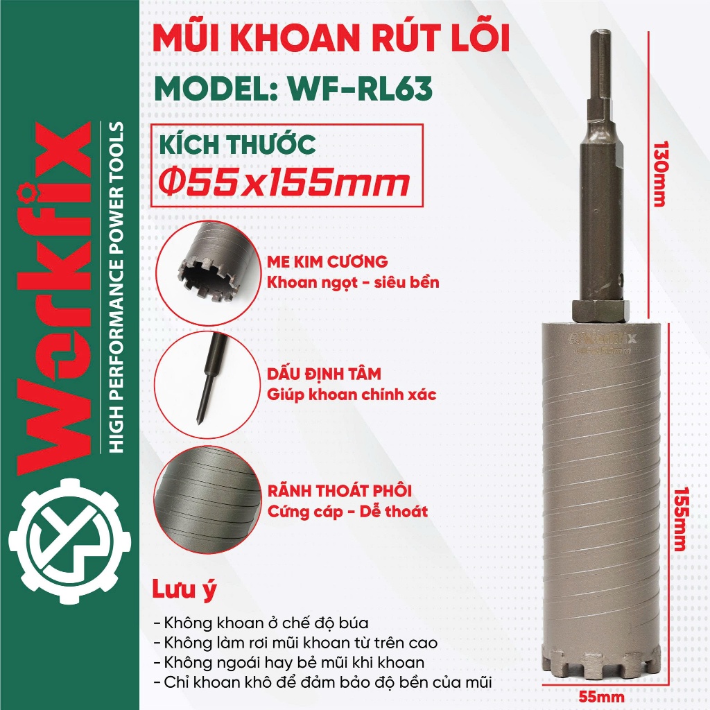 [CHÍNH HÃNG] Mũi Khoan Rút Lõi Máy Khoan Phi 55/ 63mm , Khoan Tường, Bê Tông Siêu Nhanh, Có Định Tâm