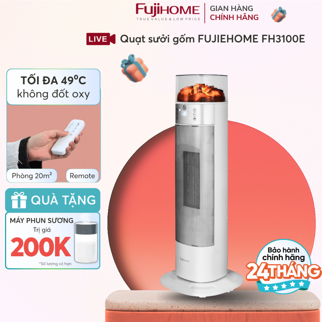 Máy sưởi ấm Nhập Khẩu FUJIHOME FH3100E chính hãng, quạt sưởi gốm phòng ngủ tiết kiệm điện mùa đông