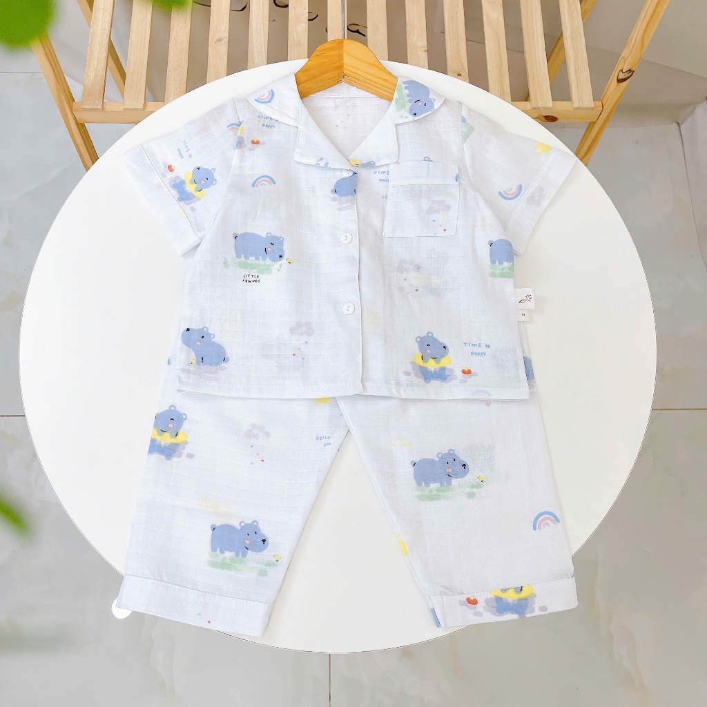 Pijama bé trai tay ngắn quần dài vải xô cotton Lá Homewear A029, đồ dài bé trai cộc tay mặc ngủ mát