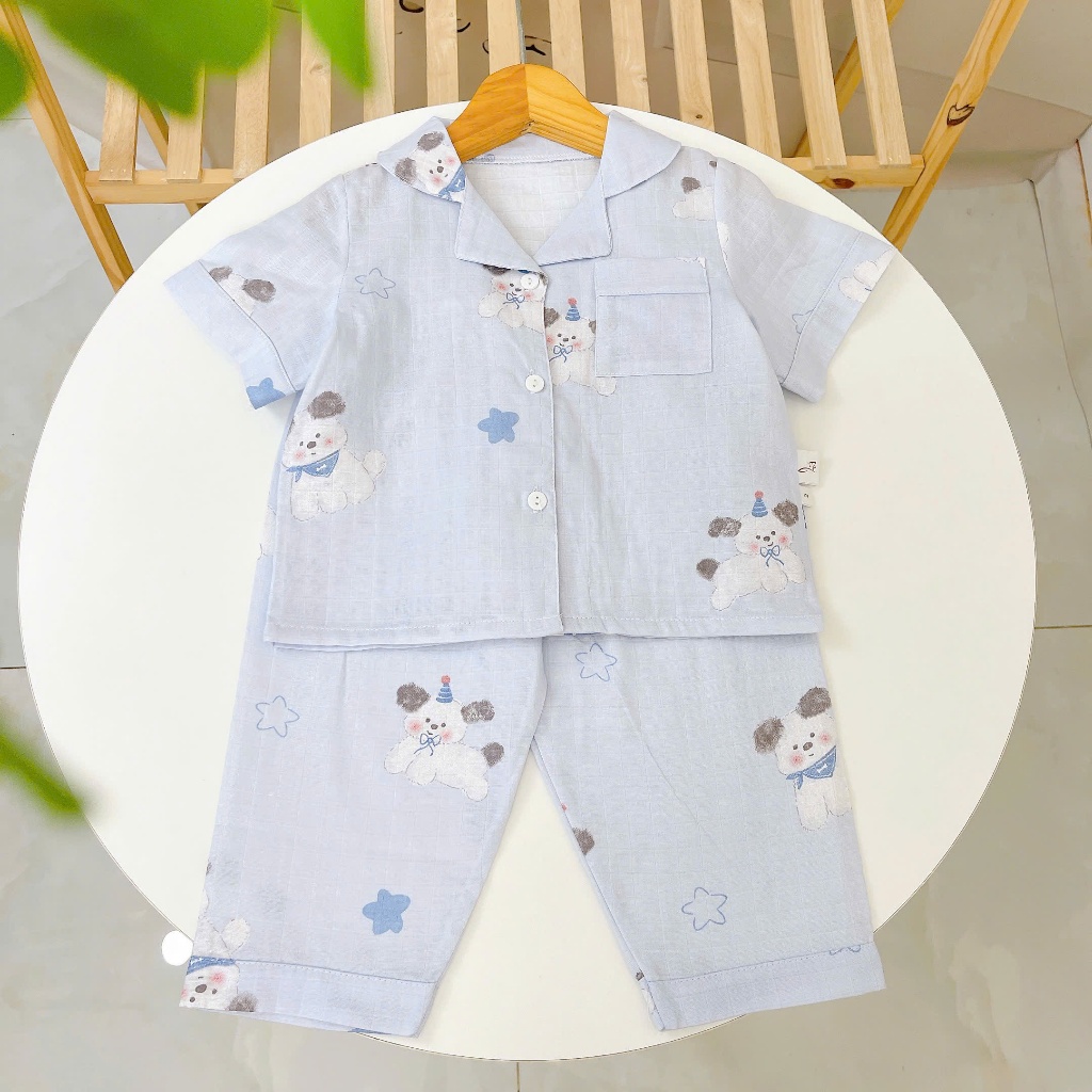 Pijama bé trai tay ngắn quần dài vải xô cotton Lá Homewear A029, đồ dài bé trai cộc tay mặc ngủ mát