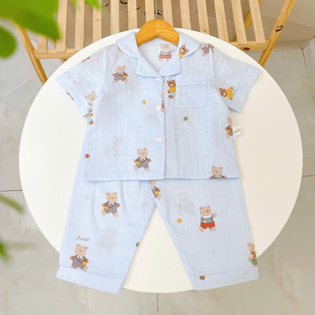 Pijama bé trai tay ngắn quần dài vải xô cotton Lá Homewear A029, đồ dài bé trai cộc tay mặc ngủ mát