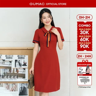 Đầm nữ GUMAC A nẹp tay phối nơ cổ thanh lịch thiết kế công sở đi chơi dạo phố  LDE0614