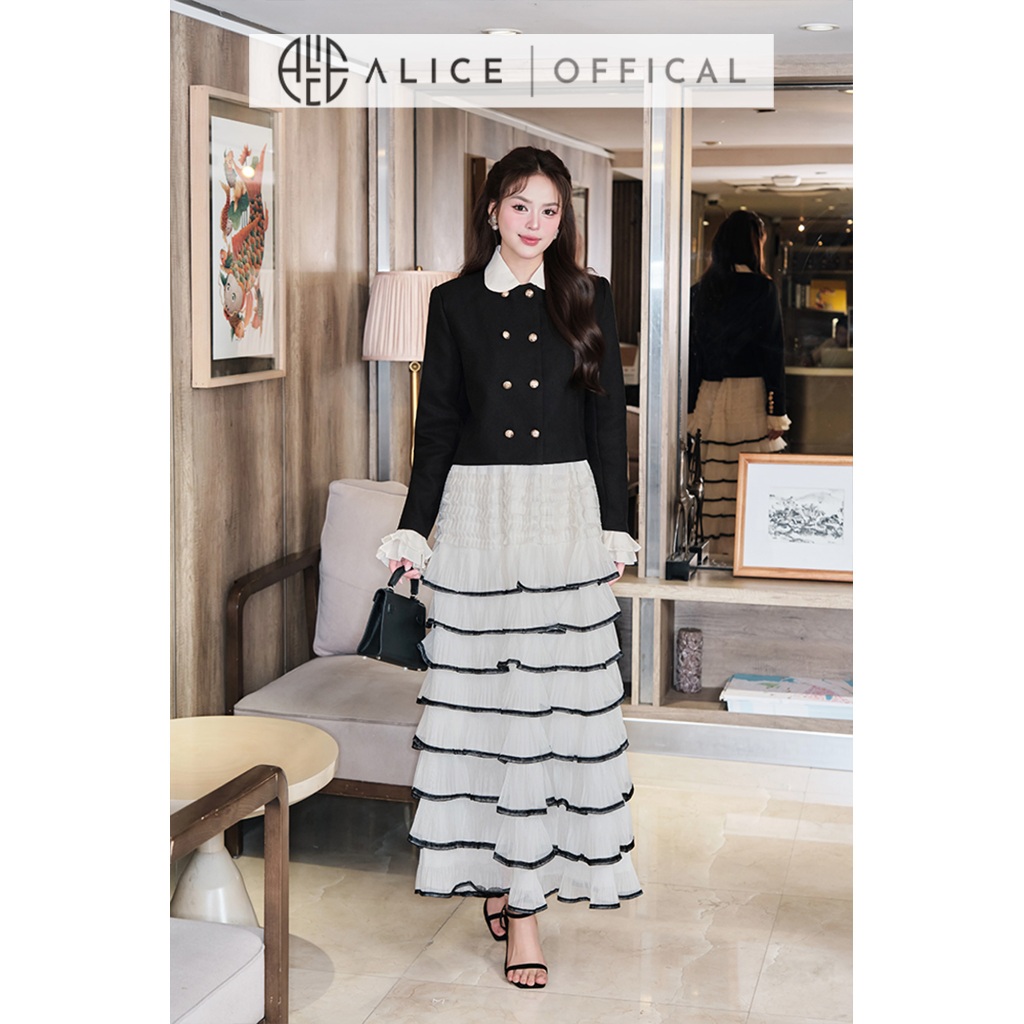 Set Váy Cao Cấp Alice Áo Chéo Rubi Dáng Ngắn Có Ép Mùng Phối Chân Váy Maxi Nhiều Tầng Chất Tơ Cạp Chun S1004