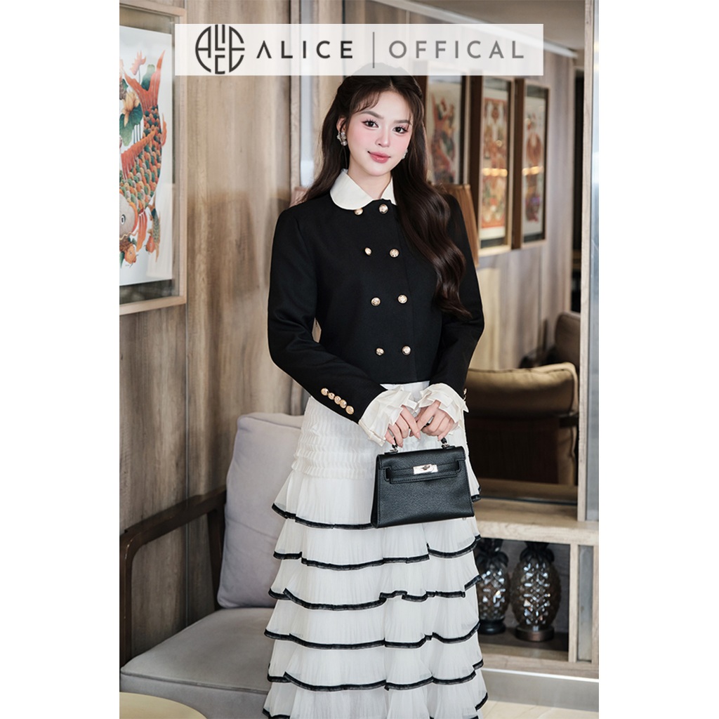 Set Váy Cao Cấp Alice Áo Chéo Rubi Dáng Ngắn Có Ép Mùng Phối Chân Váy Maxi Nhiều Tầng Chất Tơ Cạp Chun S1004