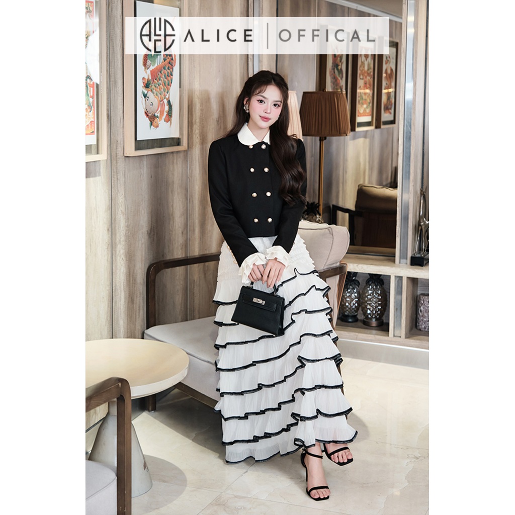 Set Váy Cao Cấp Alice Áo Chéo Rubi Dáng Ngắn Có Ép Mùng Phối Chân Váy Maxi Nhiều Tầng Chất Tơ Cạp Chun S1004