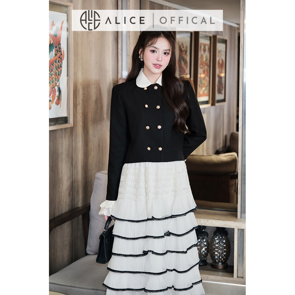 Set Váy Cao Cấp Alice Áo Chéo Rubi Dáng Ngắn Có Ép Mùng Phối Chân Váy Maxi Nhiều Tầng Chất Tơ Cạp Chun S1004