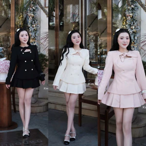 Set Dạ Tweed Hàng 2 Lớp Áo Khoác Cổ Nơ Khuy Đá Mix Chân Váy Xếp Ly 3 Màu Siêu Xinh
