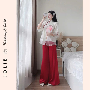 Set Áo Dài Cách Tân JOLIE Ren Trắng Phối Quần Đỏ - Đồ Tết Du Xuân Truyền Thống
