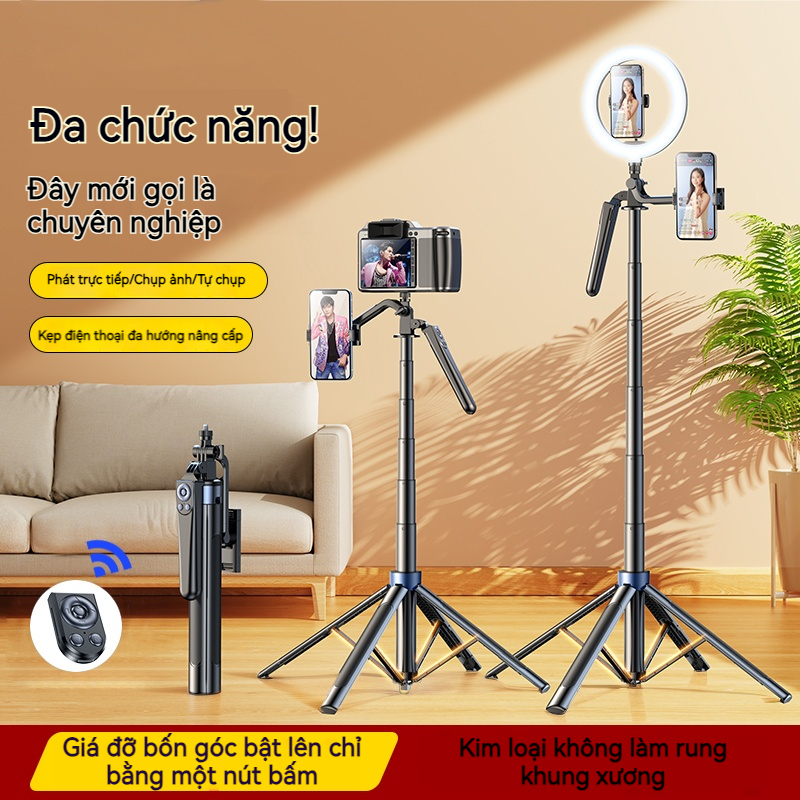 Gậy chụp hình ảnh selfie,1m8 Tripod 4 chân chắc chắn có điều khiển từ xa bluetooth kèm đèn led trợ sáng cấp xoay 360 độ