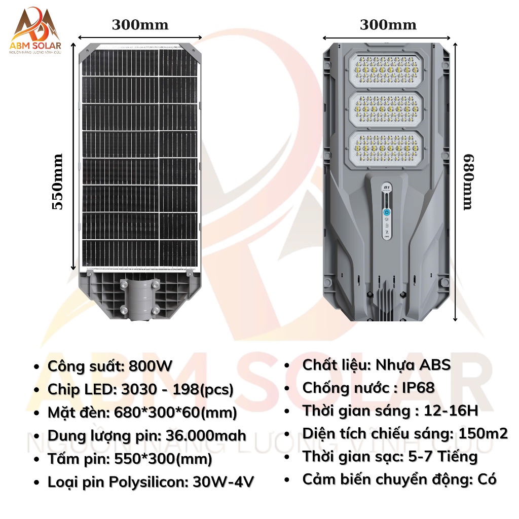 [1200W] Đèn Năng Lượng Mặt Trời Tấm Pin Liền, Chiếu Sáng Đường Đi, Sân Vườn, Hè Phố, Chống Nước IP68, Nhựa ABS ABM SOLAR