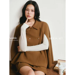 SEO STUDIO - Set áo choàng cape dạ lông thỏ mix chân váy xếp ly NÂU - Hilton Set