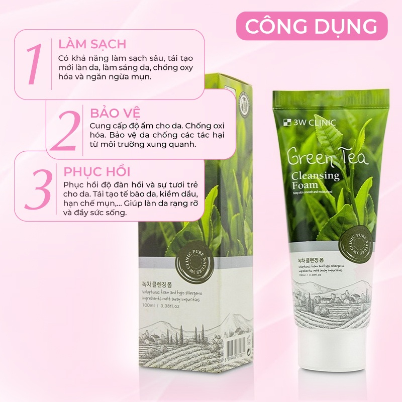 Sữa rửa mặt trà xanh 3W Clinic Green Tea Foam Cleansing Hàn Quốc 100ml trang da sạch mụn