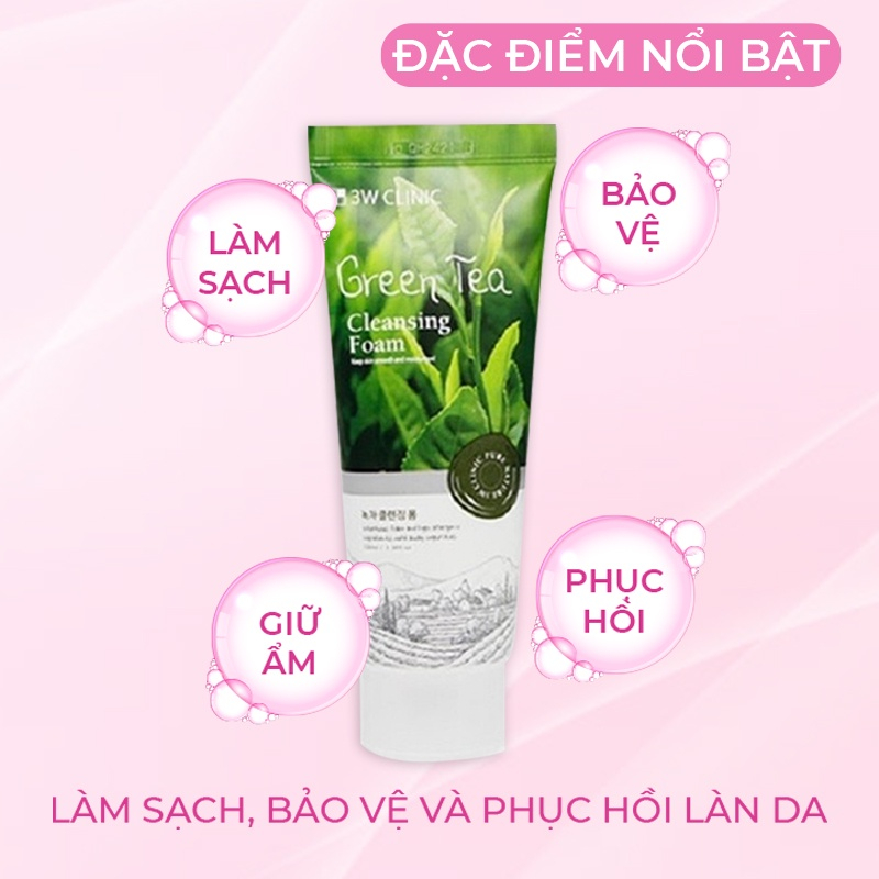 Sữa rửa mặt trà xanh 3W Clinic Green Tea Foam Cleansing Hàn Quốc 100ml trang da sạch mụn