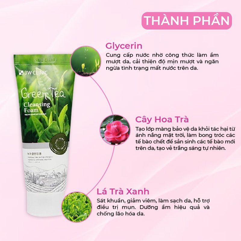 Sữa rửa mặt trà xanh 3W Clinic Green Tea Foam Cleansing Hàn Quốc 100ml trang da sạch mụn