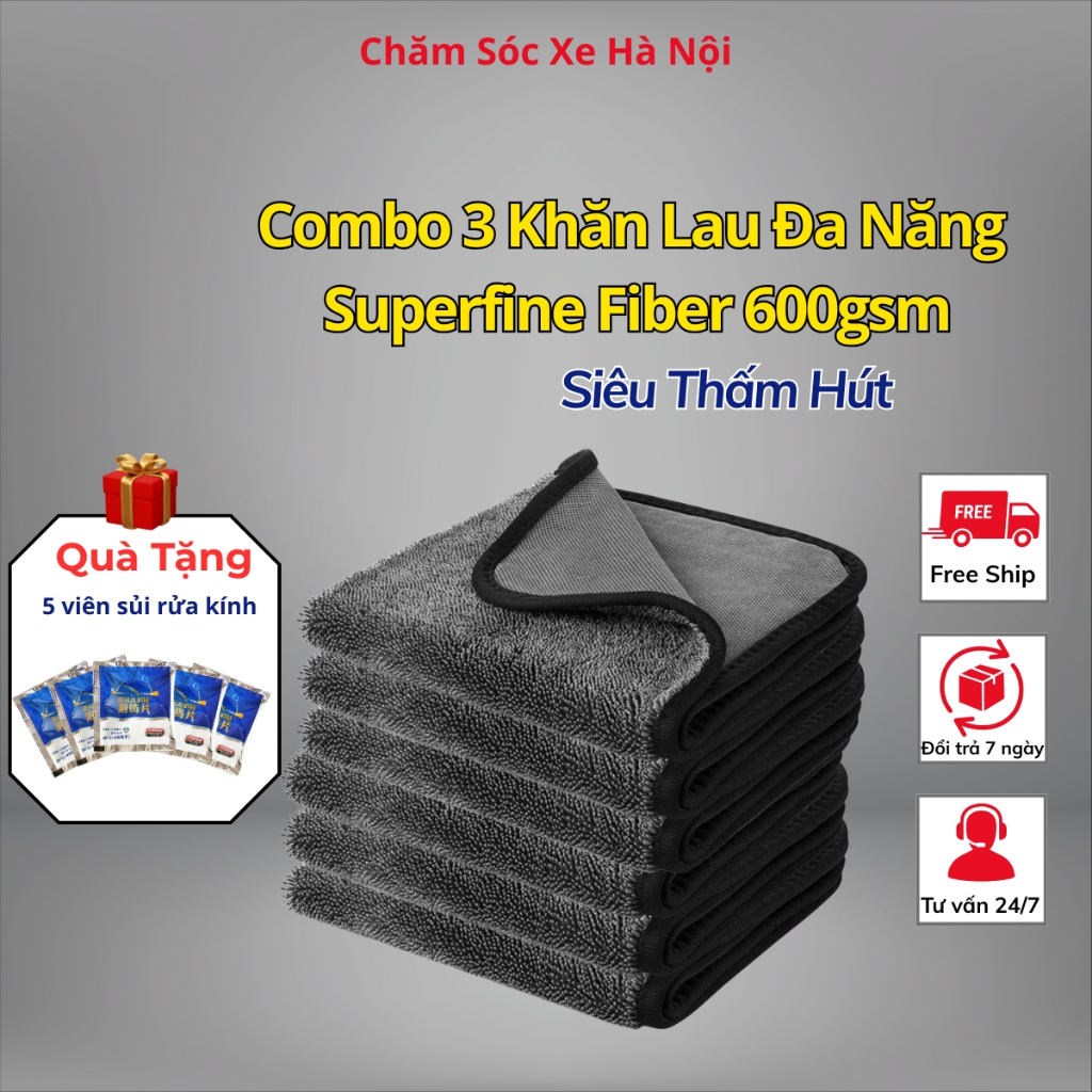 Combo 3 Khăn Lau Xe Superfine Fiber 600gsm – Hút Nước Nhanh, Mềm Mịn, Không Trầy Xước | Tặng 5 Viên Sủi Rửa Kính Cao Cấp