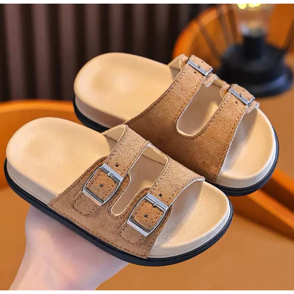 Dép lê đế cao su quai da lộn siêu mềm 2 khóa cao cấp thời trang kiểu dáng basic hàn quốc cho bé trai bé gái