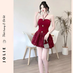 Đầm Nhung JOLIE Dáng Xòe Cúp Ngực Phối Dây Cổ Tiểu Thư Sang Chảnh Diện Tết