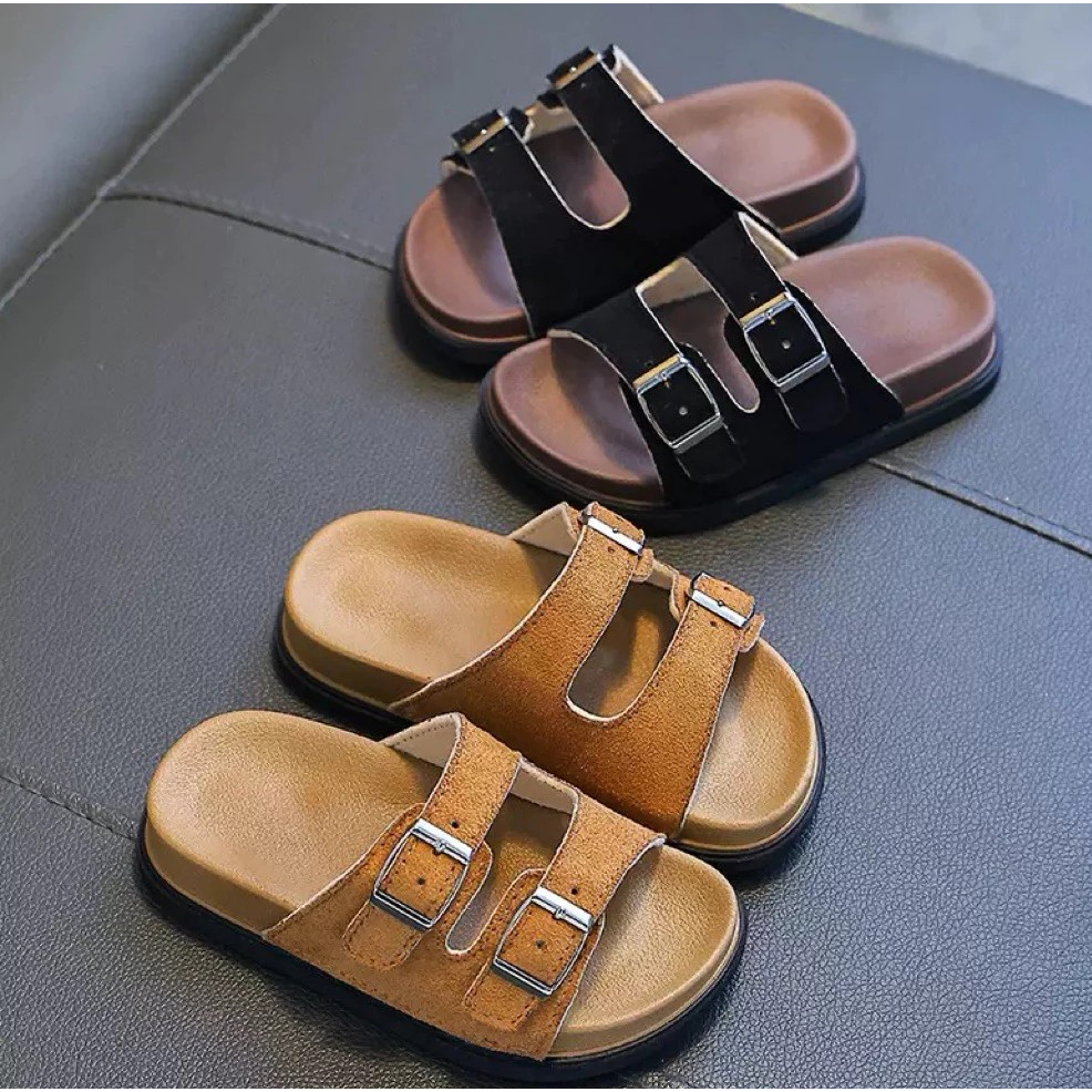 Dép lê đế cao su quai da lộn siêu mềm 2 khóa cao cấp thời trang kiểu dáng basic hàn quốc cho bé trai bé gái