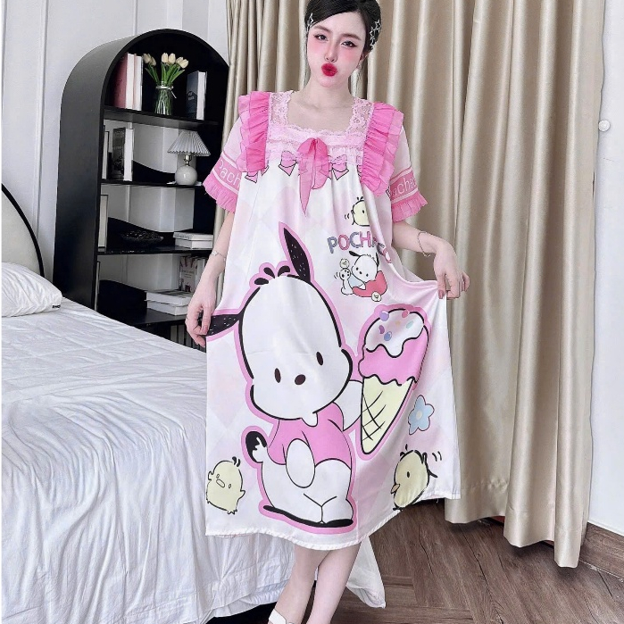 Đầm lụa ngủ, váy ngủ đẹp,đầm ngủ dễ thương,đồ ngủ lụa lạnh cao cấp cho nữ mát họa tiết sang cute[72]