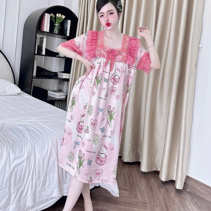 Đầm lụa ngủ, váy ngủ đẹp,đầm ngủ dễ thương,đồ ngủ lụa lạnh cao cấp cho nữ mát họa tiết sang cute[72]
