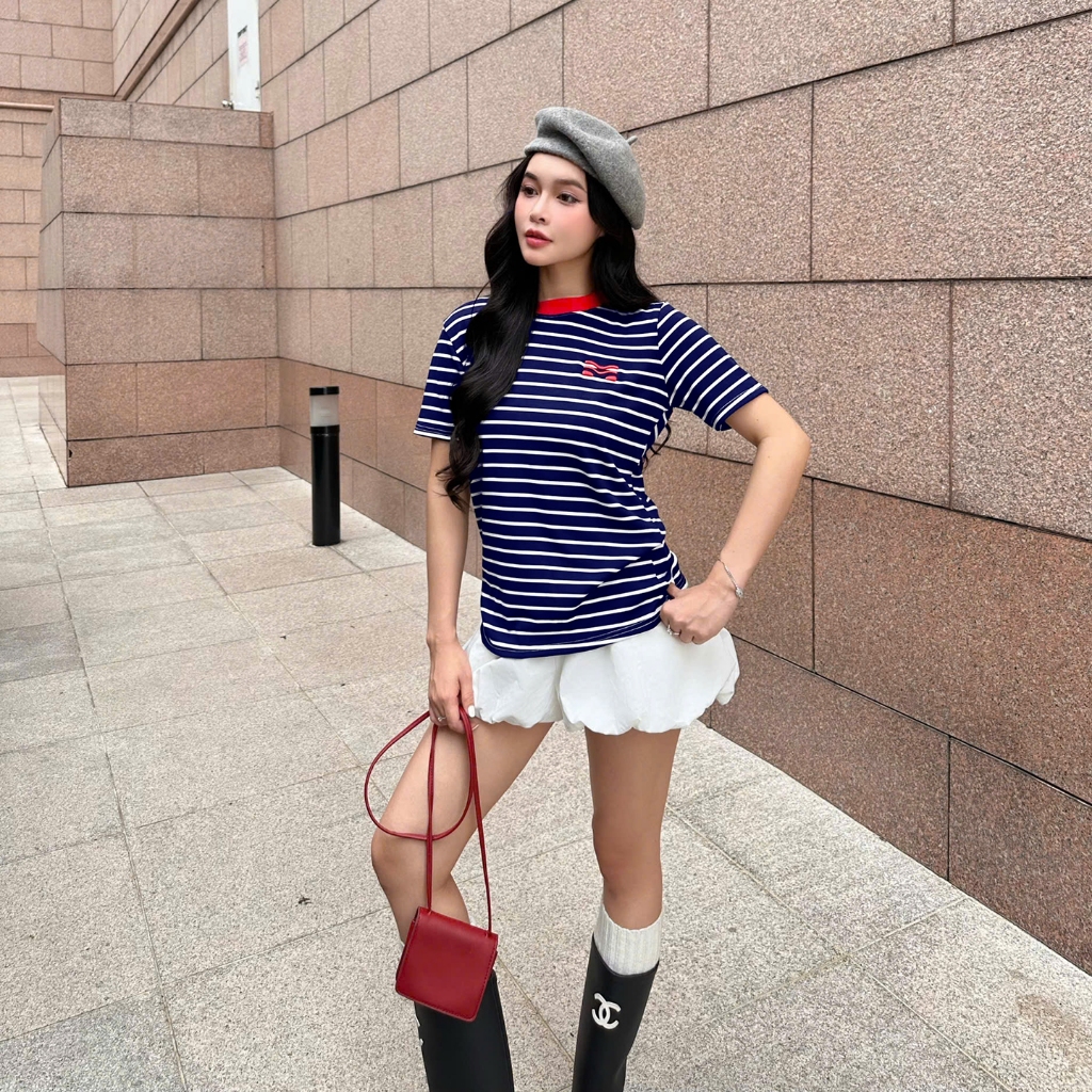 Áo Thun Mirage Cổ Viền Sọc Xanh Bắt Mắt Local Brand Chất Cotton Mềm Mịn.
