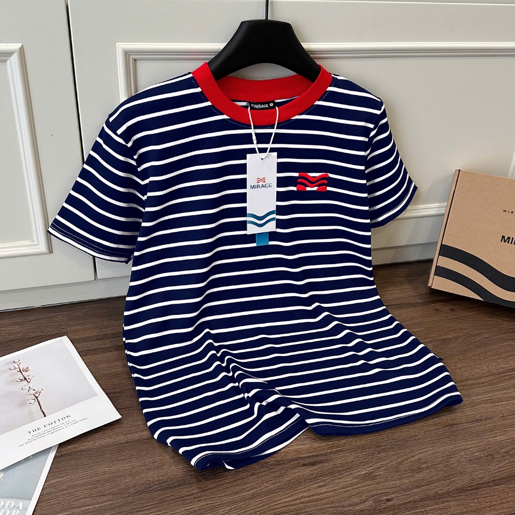 Áo Thun Mirage Cổ Viền Sọc Xanh Bắt Mắt Local Brand Chất Cotton Mềm Mịn.