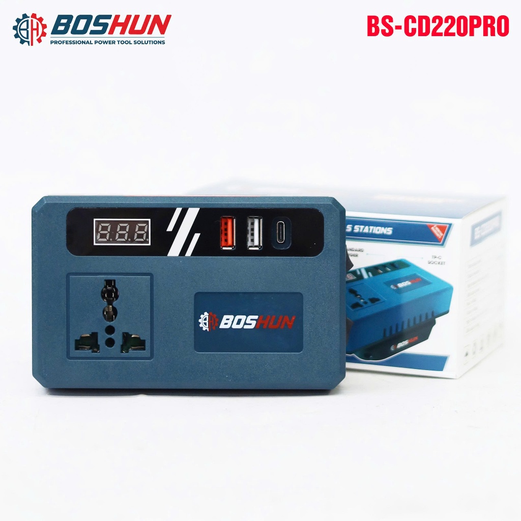 Đế Chuyển Tần Boshun BS-CD220PRO 2 Đèn chuyển từ pin 21V lên 110V - 220v, Chân Pin Phổ Thông 4cm