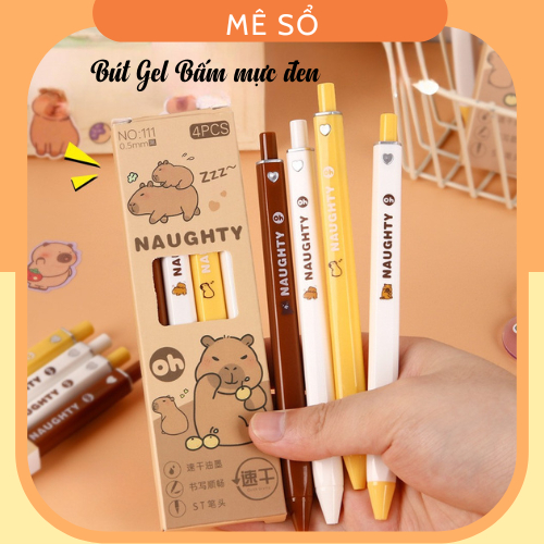 Hộp Bút Gel Bấm 4 Bút, Hộp Bút Gel 0.5mm Mực Đen, Ngòi 0.5mm Viết Mượt, Khô Nhanh Không Lem