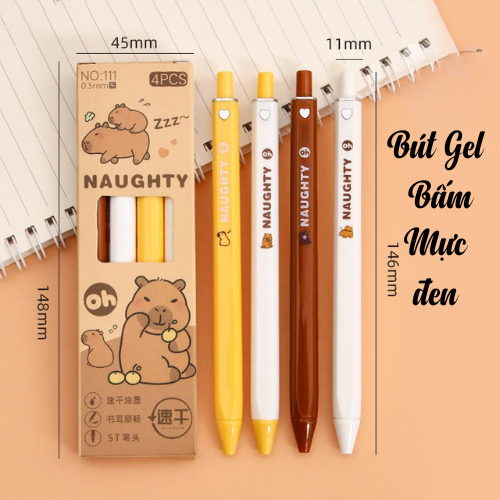 Hộp Bút Gel Bấm 4 Bút, Hộp Bút Gel 0.5mm Mực Đen, Ngòi 0.5mm Viết Mượt, Khô Nhanh Không Lem
