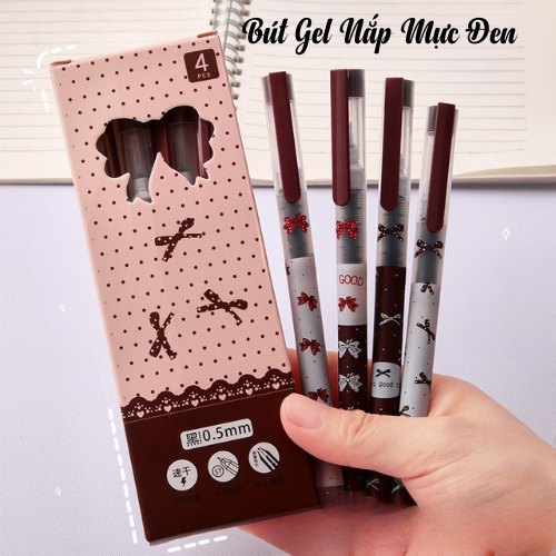 Hộp Bút Gel Bấm 4 Bút, Hộp Bút Gel 0.5mm Mực Đen, Ngòi 0.5mm Viết Mượt, Khô Nhanh Không Lem