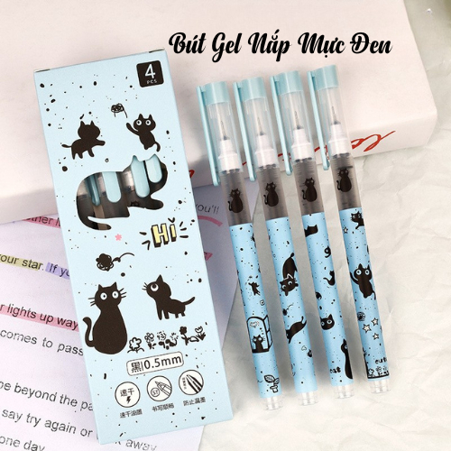 Hộp Bút Gel Bấm 4 Bút, Hộp Bút Gel 0.5mm Mực Đen, Ngòi 0.5mm Viết Mượt, Khô Nhanh Không Lem