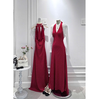 SEP House - Set đầm đỏ chấm bi dáng dài maxi cổ V yếm sát nách phối khoác mỏng tay dài nữ tính - Hàng chuẩn ảnh