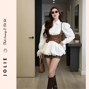 Set bộ thiết kế áo sơ mi trắng tay phồng phối corset da nâu cá tính - JOLIE