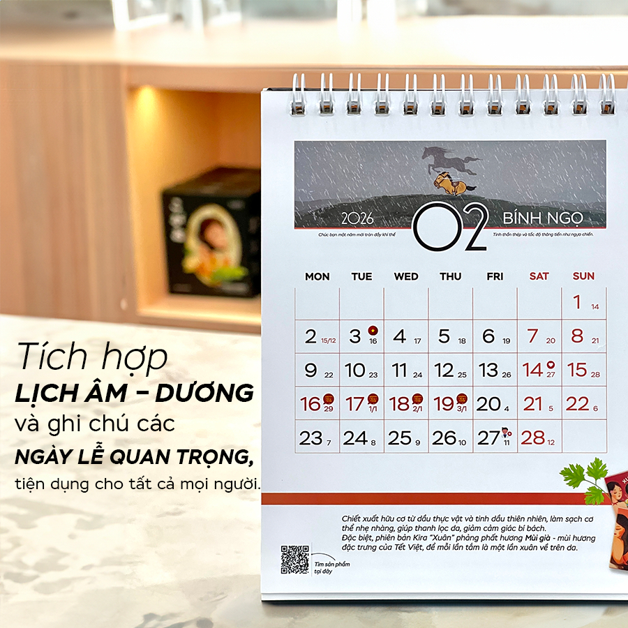 Lịch Để Bàn 2026 Bính Ngọ có kèm gương, thiết kế độc quyền, đầy đủ lịch âm và đánh dấu các ngày lễ quan trọng trong năm