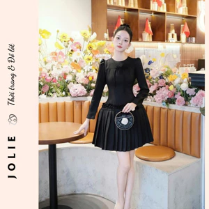 Váy Thiết Kế JOLIE Dáng Xòe Xếp Ly, Đầm Đen Tay Dài Cổ Tròn Đính Nơ Tiểu Thư