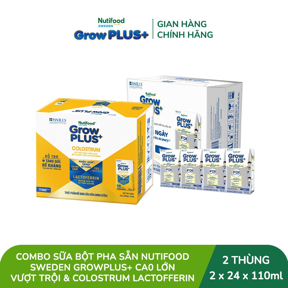 Combo 2 thùng 24 hộp Sữa bột pha sẵn GrowPLUS+ 110ml: Cao Lớn Vượt Trội + Colostrum Lactoferrin