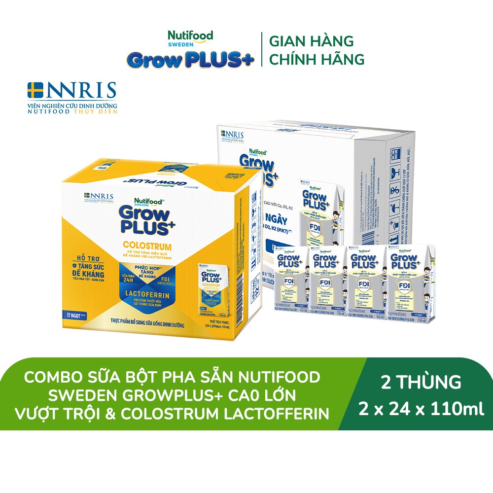 Combo 2 thùng 24 hộp Sữa bột pha sẵn GrowPLUS+ 110ml: Cao Lớn Vượt Trội + Colostrum Lactoferrin
