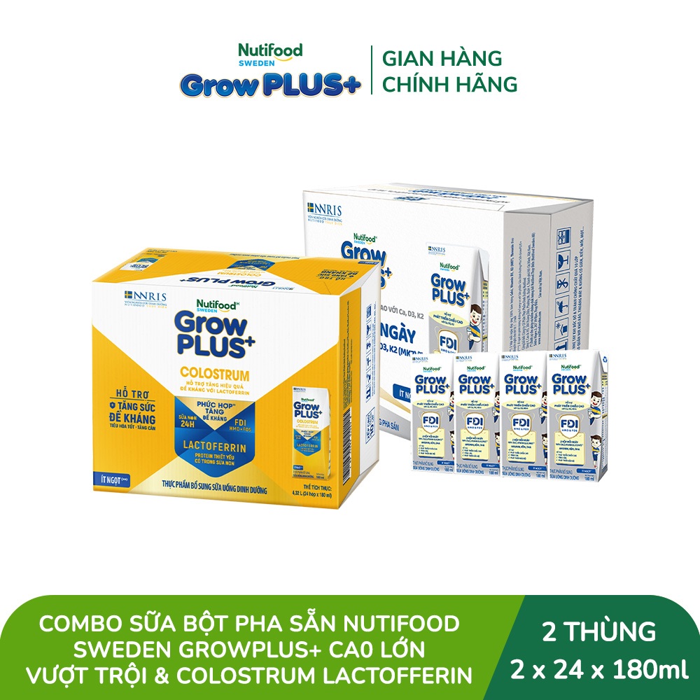 Combo 2 thùng 24 hộp Sữa bột pha sẵn GrowPLUS+ 180ml: Cao Lớn Vượt Trội + Colostrum Lactoferrin