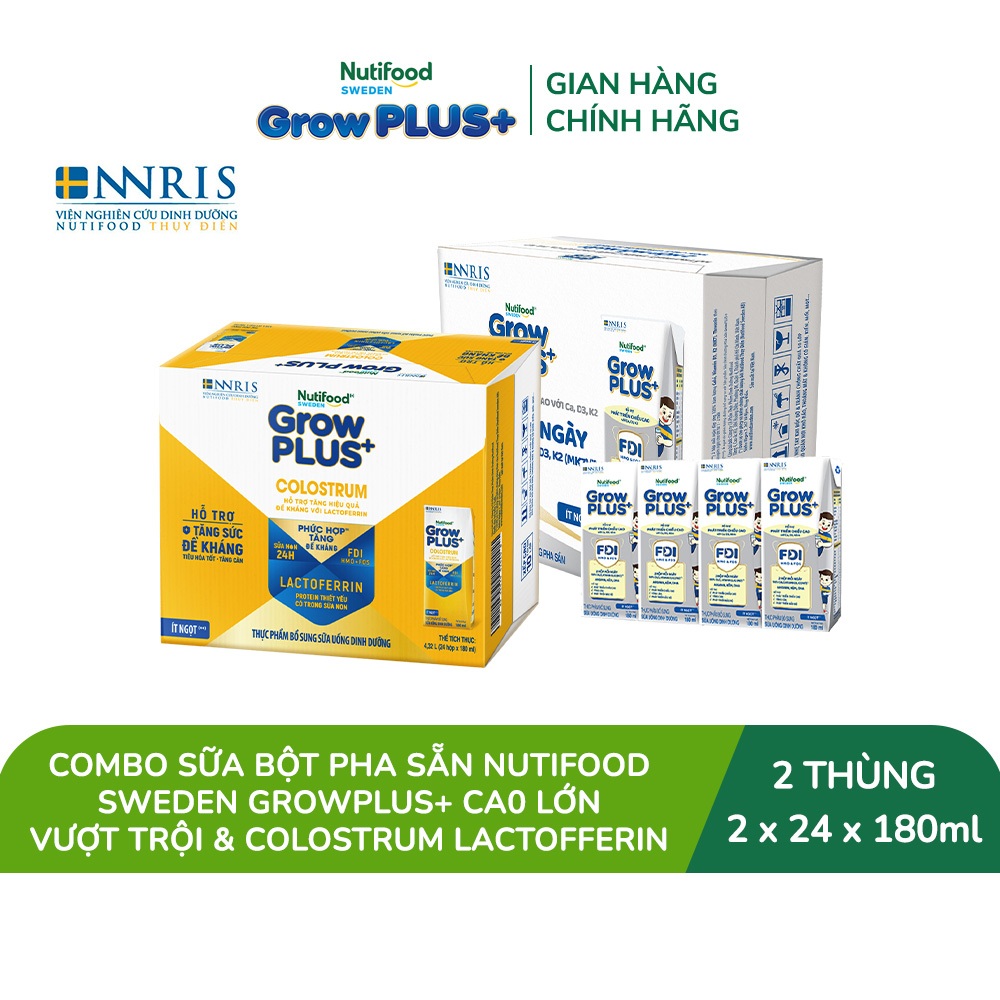 Combo 2 thùng 24 hộp Sữa bột pha sẵn GrowPLUS+ 180ml: Cao Lớn Vượt Trội + Colostrum Lactoferrin