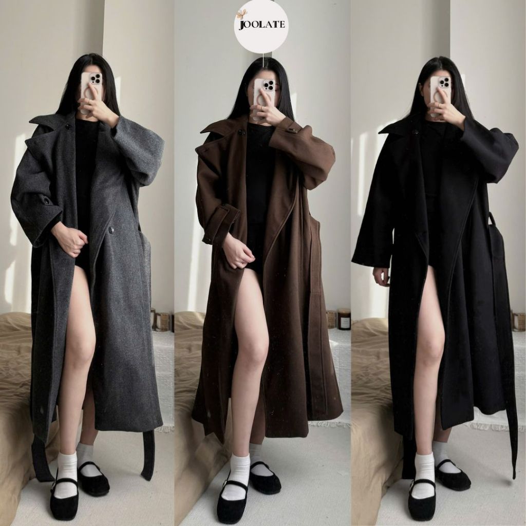 Áo Khoác Dạ Dáng Dài Cổ Bẻ Cao Cài Nút Form Rộng Thắt Eo Hai Lớp Wool Trench Coat