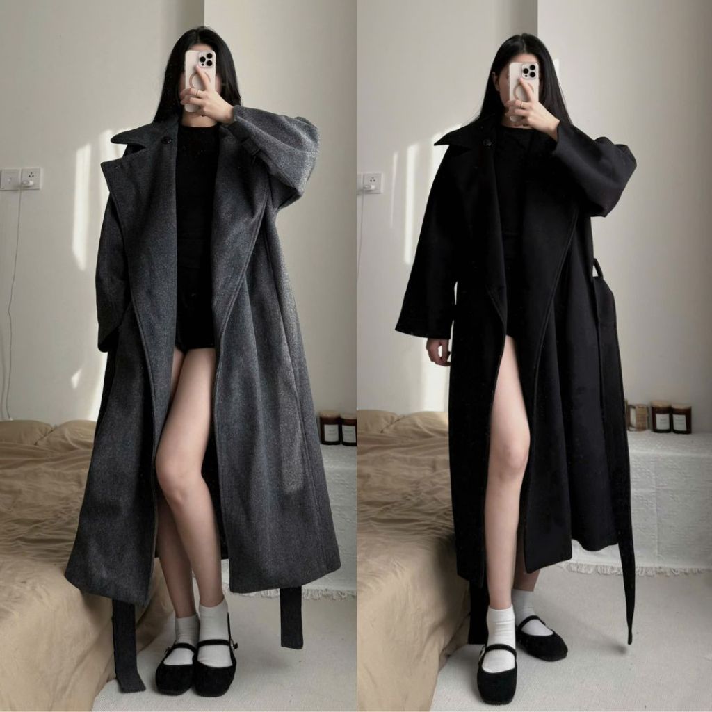 Áo Khoác Dạ Dáng Dài Cổ Bẻ Cao Cài Nút Form Rộng Thắt Eo Hai Lớp Wool Trench Coat