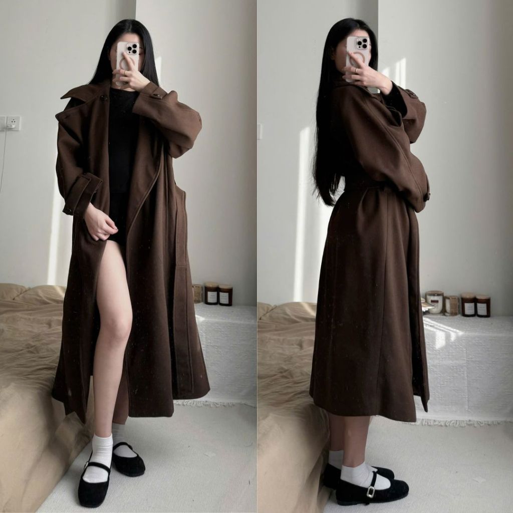 Áo Khoác Dạ Dáng Dài Cổ Bẻ Cao Cài Nút Form Rộng Thắt Eo Hai Lớp Wool Trench Coat
