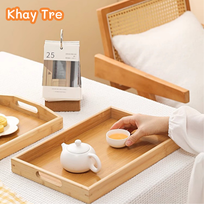 Khay gỗ Decor đa năng có tay cầm dày 4cm dùng để bưng bê đồ ăn và đồ uống, Khay gỗ đa năng cao cấp